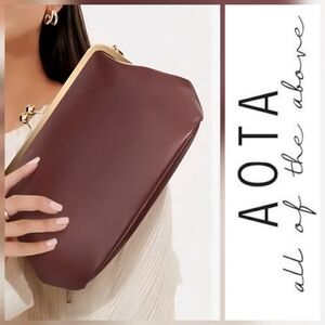 AOTA All Of The Above Gold Kiss Lock Clutch Bag Burgundy Wine Faux Leather Purse